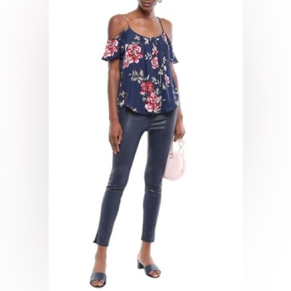 JOIE Adorlee Off Shoulder Floral Silk Crepe Top Navy Size Medium​ - Picture 1 of 7